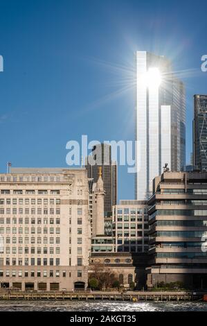 The view of the finance district of London, including the Monument, London, UK Stock Photo