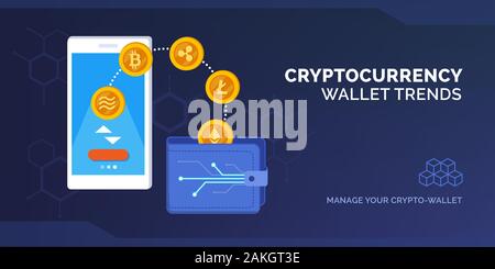 Cryptocurrency wallet manager with set of crypto currencies, wallet and connected smartphone Stock Vector