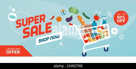 Grocery shopping promotional sale banner: fast shopping cart full of fresh colorful food Stock Vector