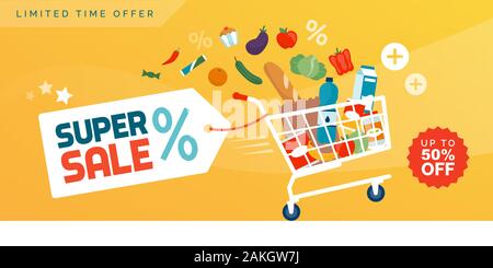 Grocery shopping promotional sale advertisement: fast shopping cart full of fresh colorful food Stock Vector