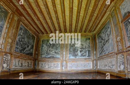 France, Dordogne, Perigord Noir, Dordogne Valley, Marquay, Chateau de Puymartin, rebuilt after the Hundred Years' War, the mythological cabinet entirely painted in grisaille Stock Photo