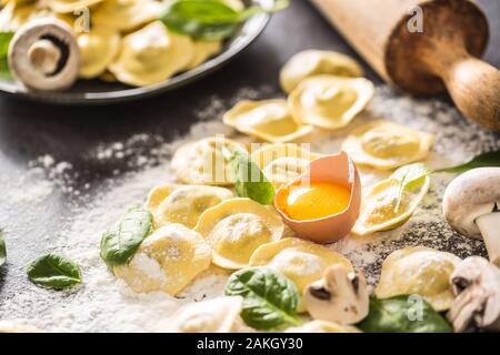 Raw ravioli with flour egg musrooms and and spinach. Italian or mediterranean healthy cuisine Stock Photo