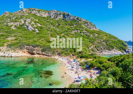 Porto Timoni beach at Afionas is a paradise double beach with crystal clear azure water in Corfu, Twin bay, Ionian island, Greece, Europe Stock Photo