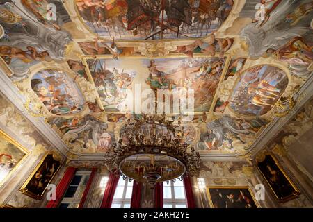 Italy, Liguria, Genoa, National Gallery of the Spinola Palace (Galleria Nazionale di Palazzo Spinola), Salone of the second floor, ceiling fresco by Lazzaro Tavarone, representing the Grimaldi family, in particular Rainier, after the conquest of the Flemish city of Zieriksee in 1304 Stock Photo