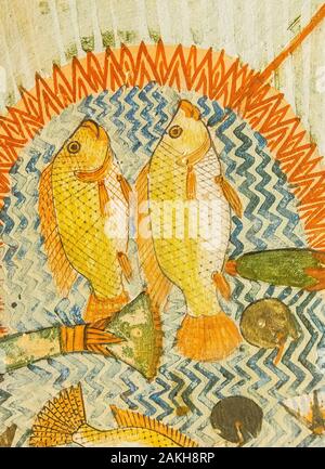 UNESCO World Heritage, Thebes in Egypt, Valley of the Nobles, tomb of Menna. Detail of the 'fishing in the marshes' scene : A nile bass (Lates Nilotic Stock Photo