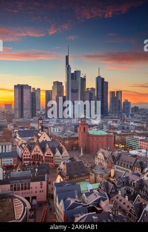 Frankfurt am Main, Germany. Aerial cityscape image of Frankfurt am Main skyline during beautiful sunset. Stock Photo