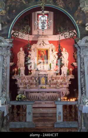 Church on the artificial island Our Lady of the Rocks, Interior, Madonna icon with the Child, Kotor Bay, Perast, Montenegro Stock Photo