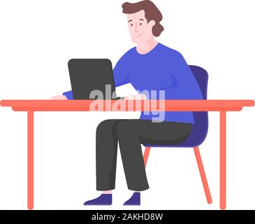 Young man is siting at a desk in front of a laptop Stock Vector