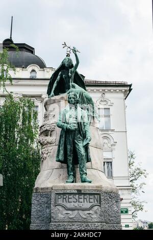 View at Preseren Monument in Ljubljana, Slovenia. Statue of famous Slovenian poet was made by Ivan Zajec and ceremonially unveiled at 1905. Stock Photo