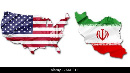 American flag and Iranian flag in political map shape on white background. Concept of world conflict and war. America VS Iran metaphor. Stock Photo