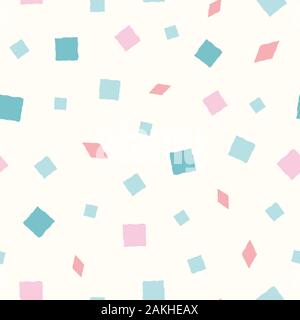 Vector hand drawn pink and blue squares and diamond shapes on pastel yellow background. Funky seamless pattern. Great for wellness, party, products Stock Vector