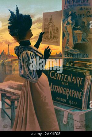 Poster advertising the Exposition du Centenaire de la Lithographie, or Centenary Exhibition of Lithography, at the Galerie Rapp, Paris, October to November, 1895. Stock Photo
