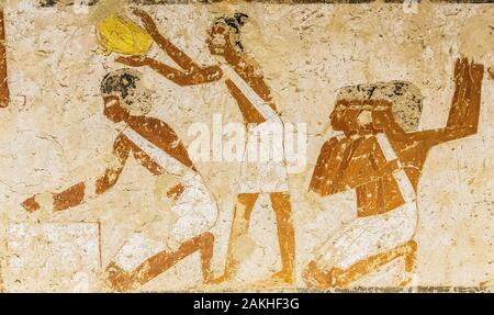 UNESCO World Heritage, Thebes in Egypt, Valley of the Nobles, tomb of Menna. Purification of hands and rejoicing. Stock Photo