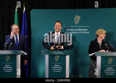 Taoiseach Leo Varadkar (centre) with Minister for Education Joe McHugh (left) and Minister for Employment Affairs and Social Protection Regina Doherty during a press conference following a government cabinet meeting on disability at the Marino Institute of Education in Dublin. Stock Photo