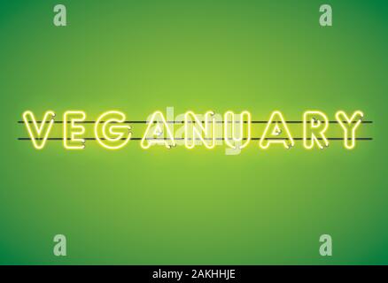 Veganuary neon florescent vegan message on a green background Stock Vector