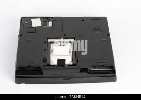 View of the underside of the laptop, removed the hard disk drive  cover, removed the battery and floppy disc drive Stock Photo