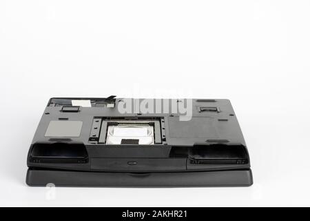 View of the underside of the laptop, removed the hard disk drive  cover, removed the battery and floppy disc drive Stock Photo
