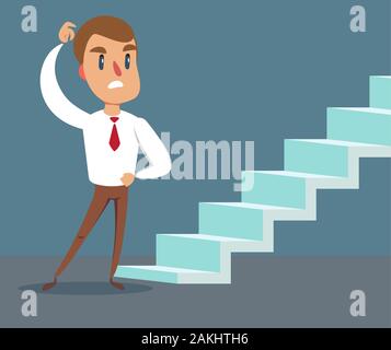 Career concept in flat style - cartoon man in front of the staircase to success and progress Stock Vector