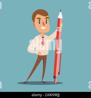 Happy businessman holding a pencil . Stock Vector