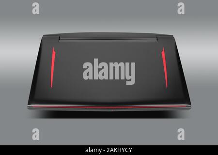 Photography of gaming laptop from the front, placed on gray   background. Laptop designed for gamers or professional players or 3d rendering Stock Photo