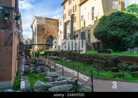 Theatre of Marcellus (Teatro di Marcello) archeological area  with Portico of Octavia (Portico di Ottavia) on background in Rome, Italy Stock Photo