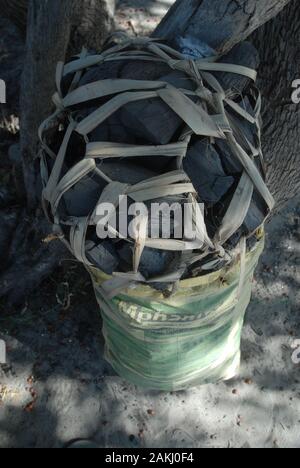 Bags of Charcoal, Mwandi, Zambia, Africa. Stock Photo