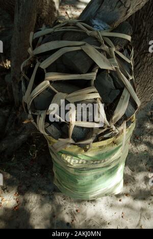 Bags of Charcoal, Mwandi, Zambia, Africa. Stock Photo