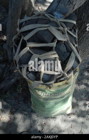 Bags of Charcoal, Mwandi, Zambia, Africa. Stock Photo