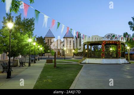Plaza, gazebo and San Albino Church, Old Mesilla Plaza, Las Cruces, New Mexico USA Stock Photo
