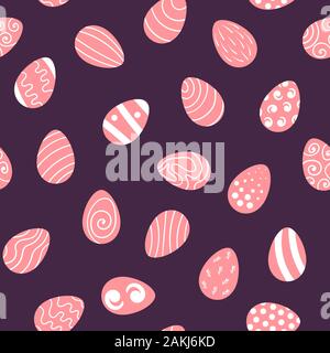 Seamless pattern with pink Easter eggs on dark purple background. Flat vector illustration. Stock Vector