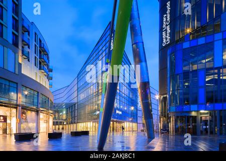 John Lewis Store Shopping Centre and Central Library Cardiff Wales at twilight Stock Photo