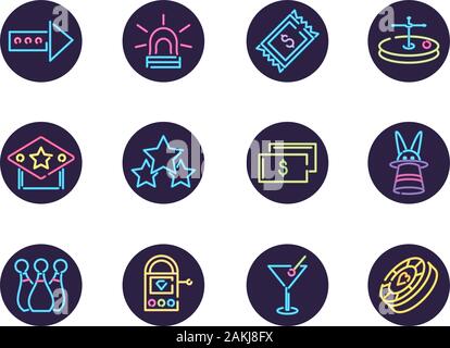 Neon and casino icon set inside black circles design, Decoration advertising light lamp retro glowing art bright and fluorescent theme Vector illustration Stock Vector