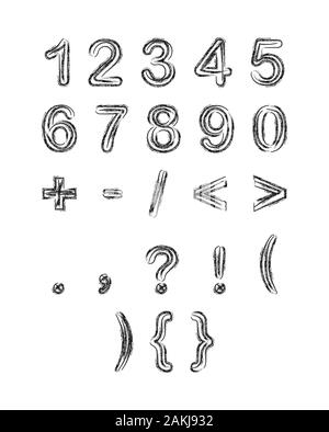 Pencil drawing of numbers and signs in the style of Doodle. Isolated on white background for greeting cards, posters, stickers and thematic design. Is Stock Vector