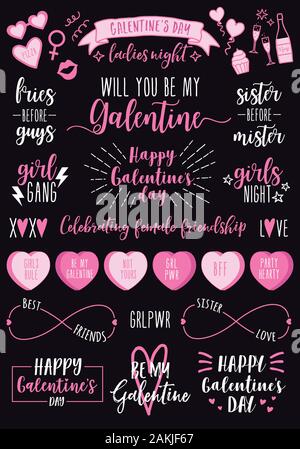 Galentines day, hand drawn vector design elements for Valentine's day card, Galentines day ladies night, female party invitation Stock Vector