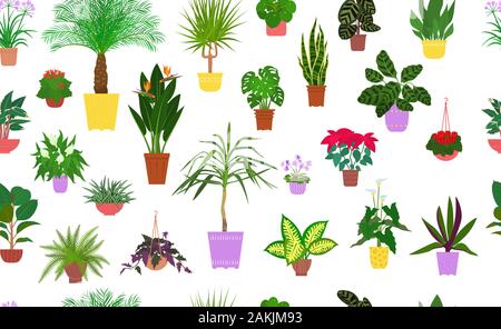 Seamless pattern from different house plants in colorful flower pots. Vector. Stock Vector