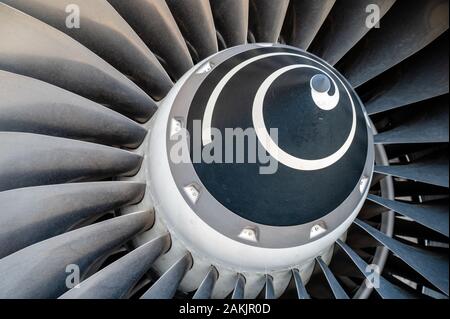 Commercial jet turbine engine high by-pass fan on a large passenger aircraft Stock Photo