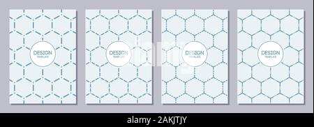 Set of flyer, posters, banners, placards, brochure design templates A6 size. Graphic design templates. Geometric textures made of striped hexagons. Stock Vector