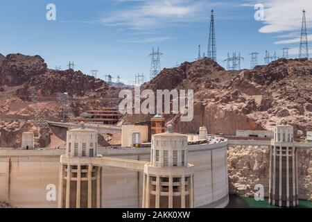 Boulder City, Nevada, USA- 01 June 2015: View of the Hoover Dam, a concrete gravitational arc dam, built in the Black Canyon on the Colorado River, on Stock Photo