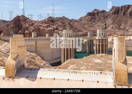 Boulder City, Nevada, USA- 01 June 2015: View of the Hoover Dam, a concrete gravitational arc dam, built in the Black Canyon on the Colorado River, on Stock Photo