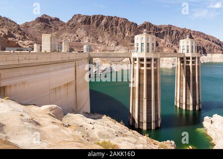 Boulder City, Nevada, USA- 01 June 2015: View of the Hoover Dam, a concrete gravitational arc dam, built in the Black Canyon on the Colorado River, on Stock Photo