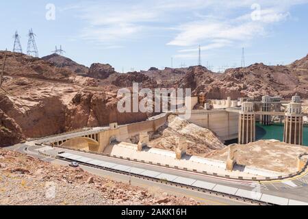 Boulder City, Nevada, USA- 01 June 2015: View of the Hoover Dam, a concrete gravitational arc dam, built in the Black Canyon on the Colorado River, on Stock Photo