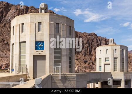 Boulder City, Nevada, USA- 01 June 2015: View of the Hoover Dam, a concrete gravitational arc dam, built in the Black Canyon on the Colorado River, on Stock Photo