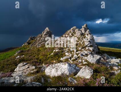 Dramatic sky over the Devil's Chair on the Stiperstones, Shropshire. Stock Photo