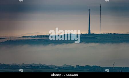 Emley Moor TV transmitter mast taken from Beacon Hill, Bradford, West Yorkshire Stock Photo