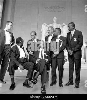 Civil Rights March on Washington, D.C.  Mathew Ahmann, Cleveland Robinson, Rabbi Joachim Prinz,  A. Philip Randolph, Joseph Rauh, Jr, John Lewis, Floyd McKissick Stock Photo