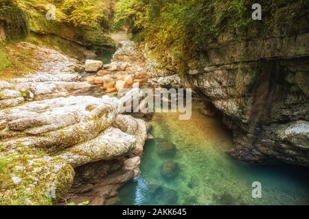 Martvili canyon in Georgia. Beautiful natural canyon on  Abasha river in Caucasus. Trout fry swim in clear water of mountain river Stock Photo