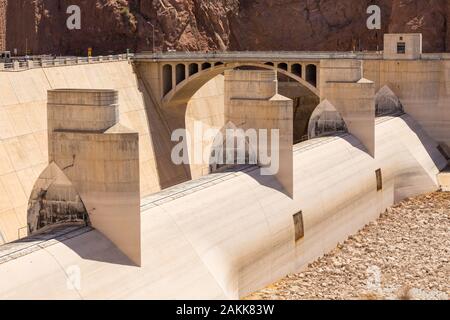 Boulder City, Nevada, USA- 01 June 2015: Hoover Dam construction element. Concrete gravitational arc dam, built in the Black Canyon on the Colorado Ri Stock Photo