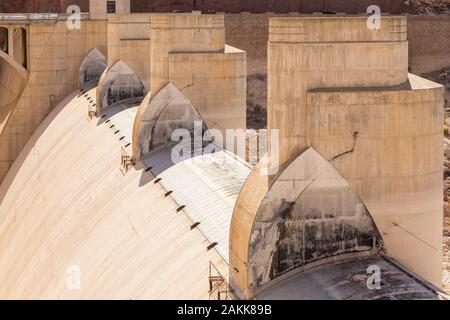 Boulder City, Nevada, USA- 01 June 2015: Hoover Dam construction element. Concrete gravitational arc dam, built in the Black Canyon on the Colorado Ri Stock Photo