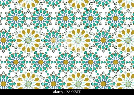 Zellige tile. Moroccan seamless pattern. Razil Moorish background. Islamic texture. Celadon abstract. Stock Vector