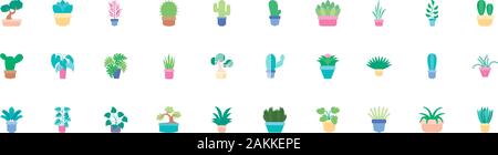 set of succulents cactus bonsai in pot plants flat icons Stock Vector